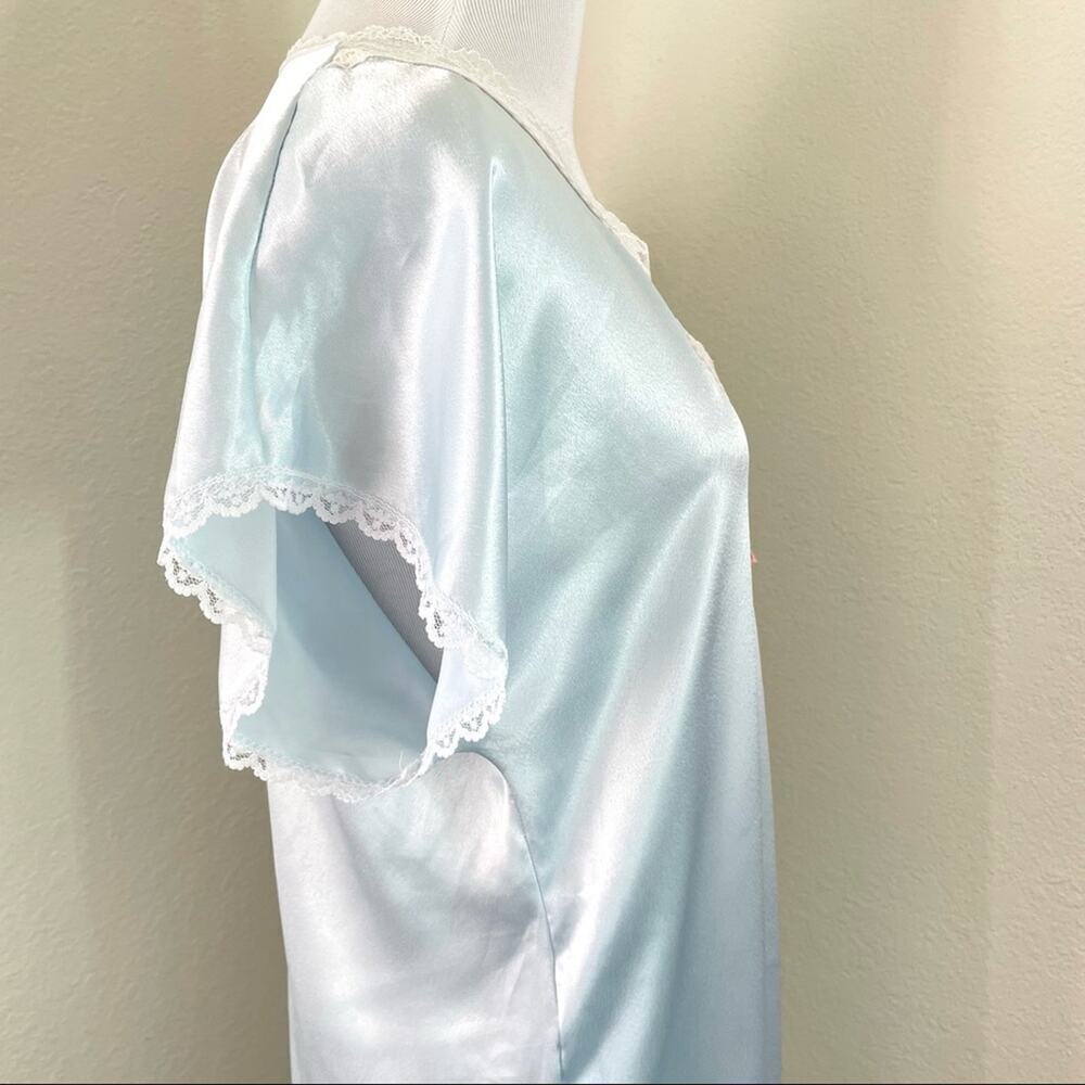 Vintage Nightgown Satin Sheer Lace  Light Blue Satin Slip Dress Silky Lingerie - Picture 10 of 16